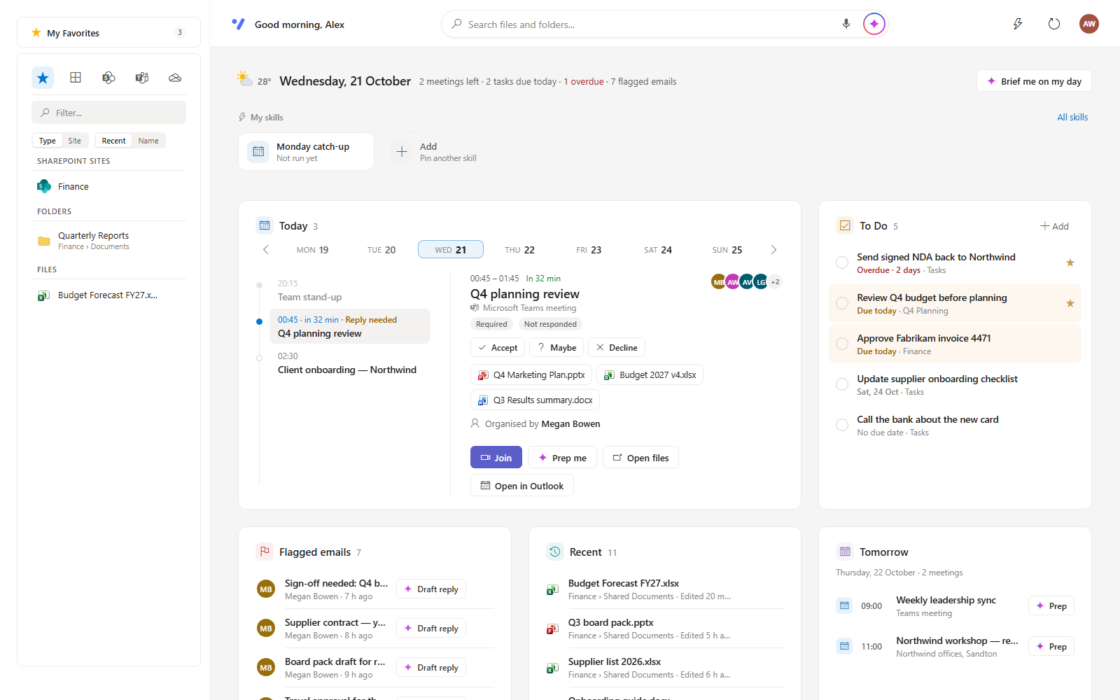 The Dockli Web App Cockpit: today's meetings, To Do tasks, flagged emails, recent files and tomorrow at a glance