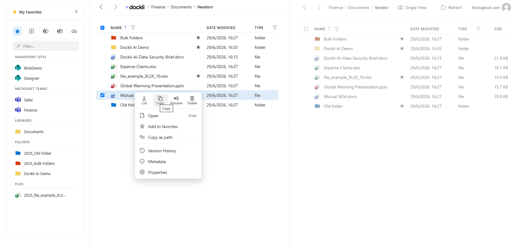 The Dockli file menu with Version History and Metadata, in split view