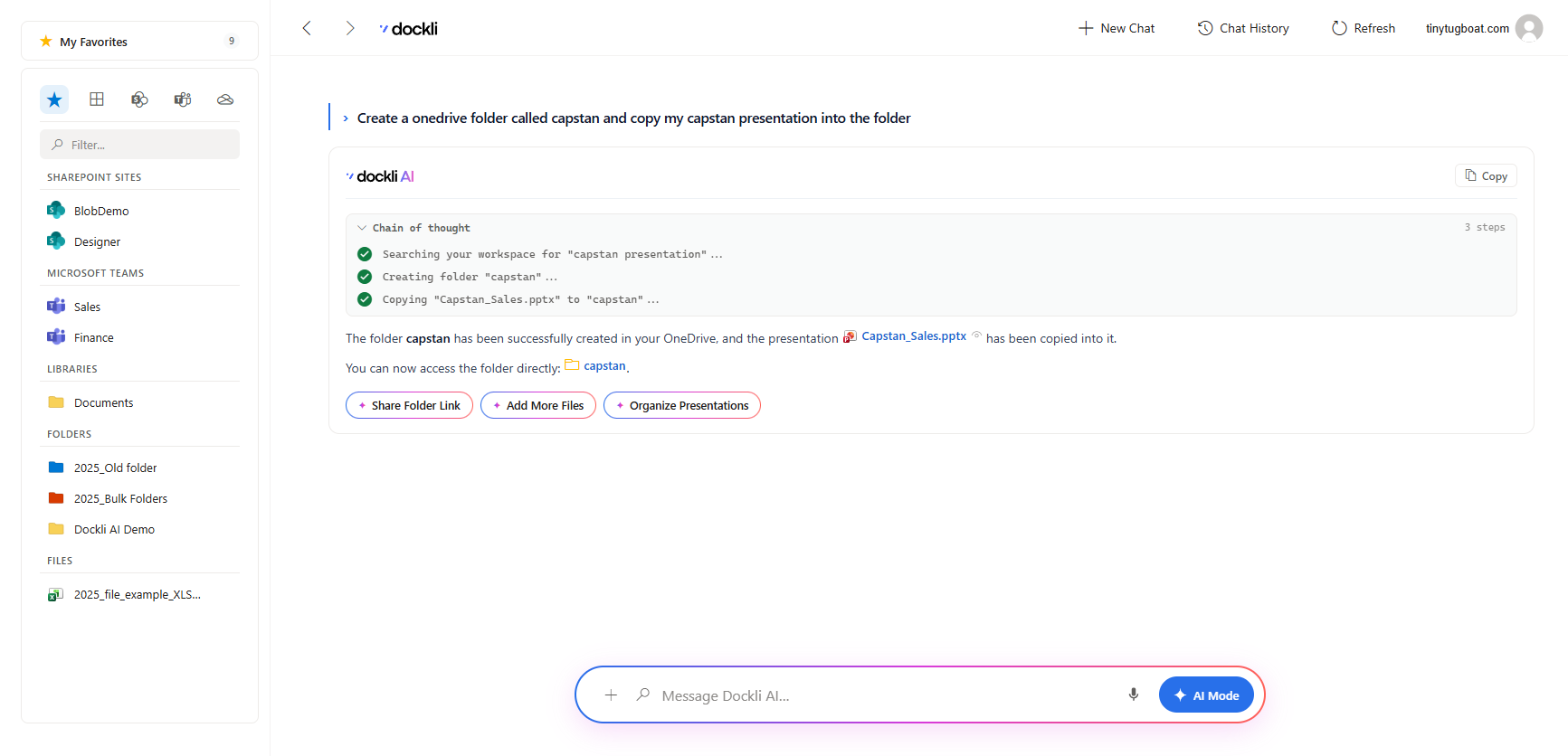 Ask Dockli creating a OneDrive folder and copying a presentation into it, with its steps shown